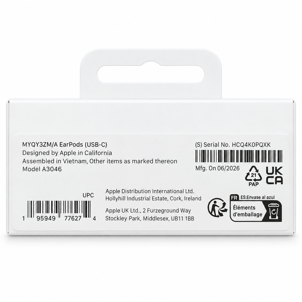 Apple EarPods USB-C box back MYQY3ZM/A model A3046