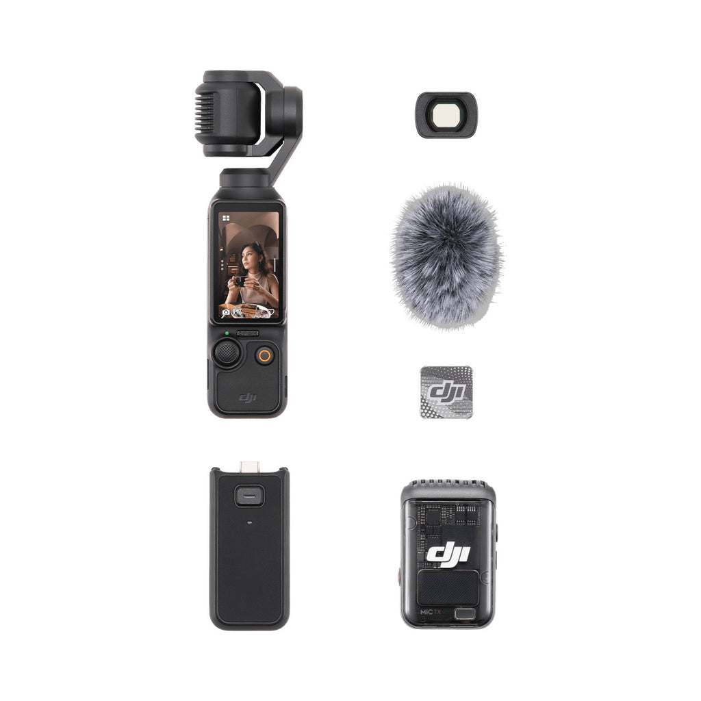 DJI Osmo Pocket 3 Creator Combo camera microphone and accessories on white background