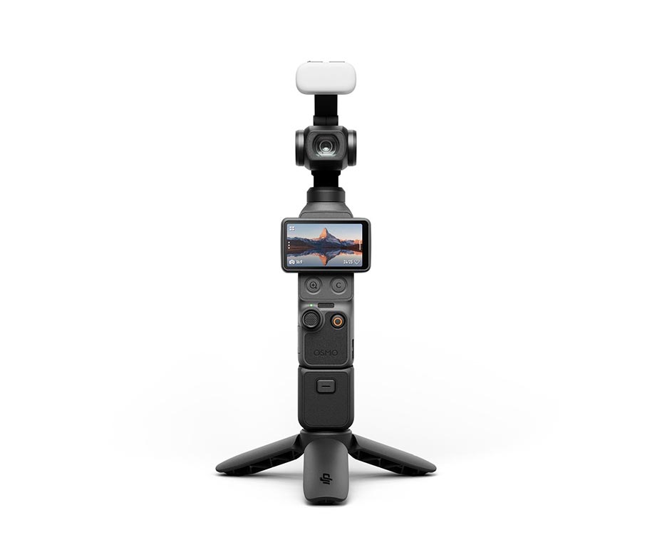 DJI Osmo Pocket 4 Creator Combo with tripod on white background