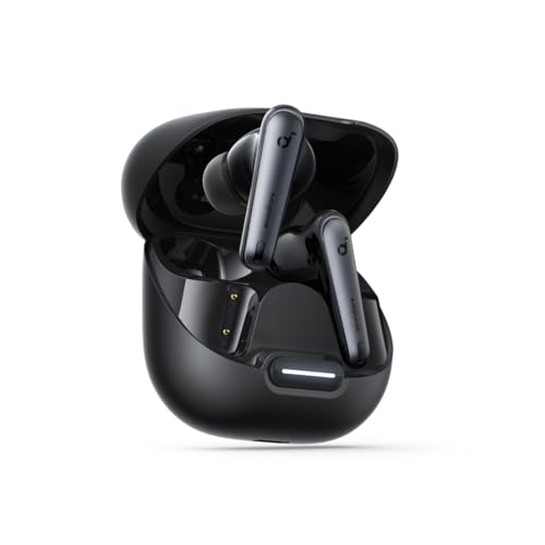 Soundcore Liberty 4 NC black earbuds and charging case on white background
