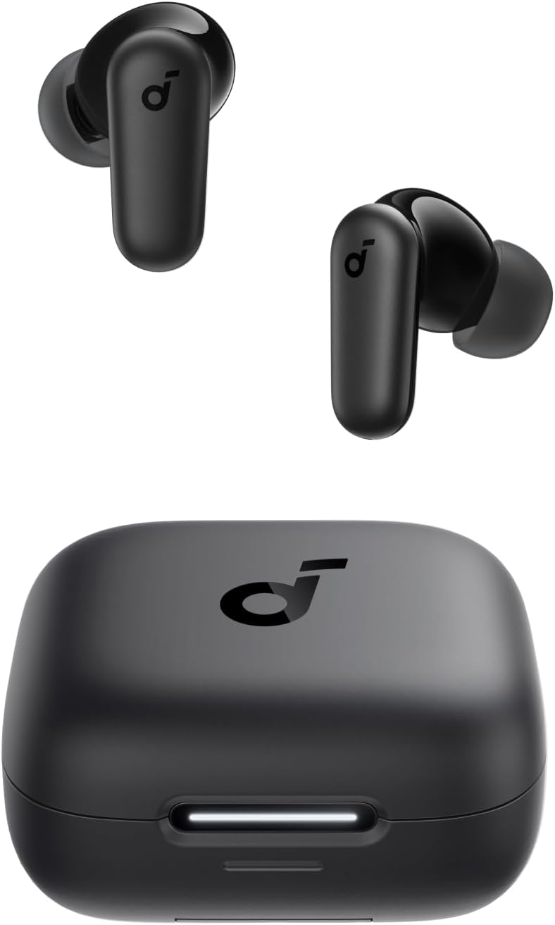 Soundcore R50i NC black earbuds and charging case on white background