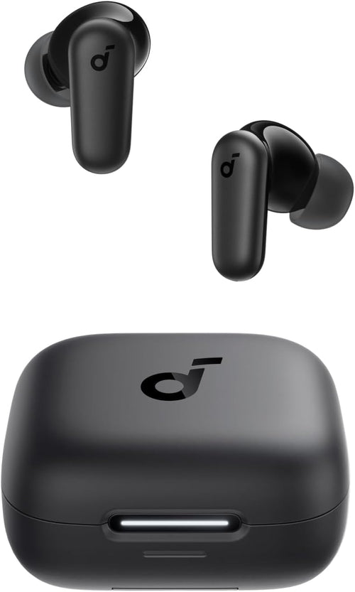 Soundcore R50i NC black earbuds and charging case on white background