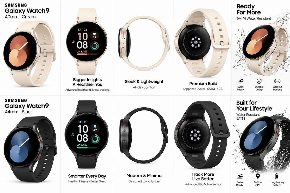 Samsung Galaxy Watch9 44mm Black and Cream professional product showcase